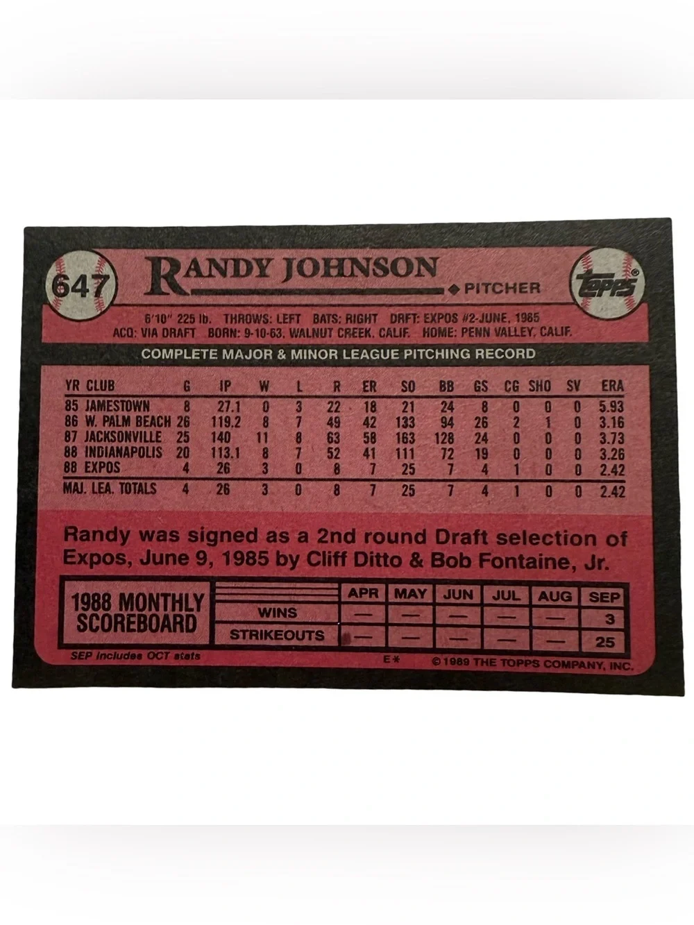 1989 Topps Expos Randy Johnson Card - Blue, Red, White